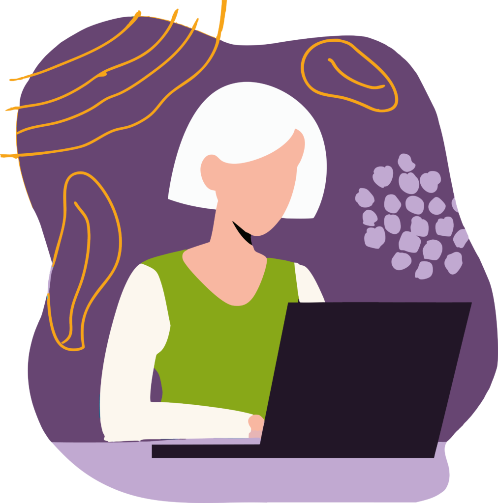 Illustration of a person translating documents on a laptop